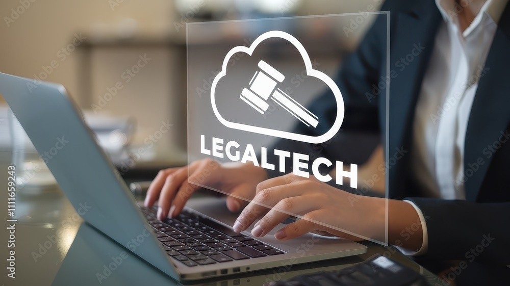 Poster legaltech cloud computing logo on laptop in workspace with professional working on digital transform