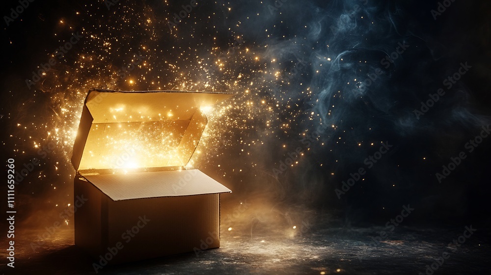 Poster radiant beams emanating from an open cardboard box in a dark expansive setting