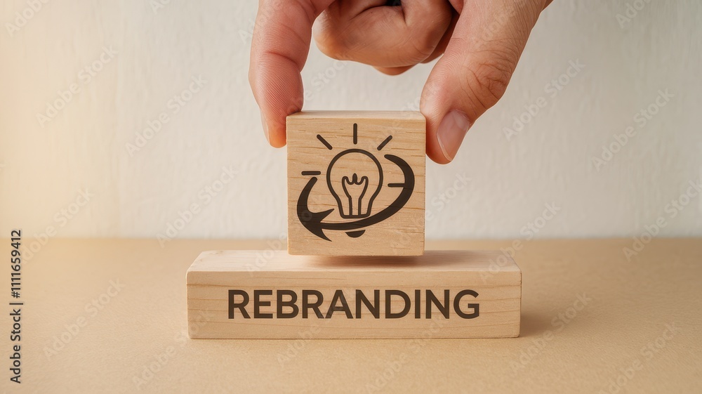 Aufkleber rebranding concept depicted with wooden block displaying lightbulb icon on an office desk representi