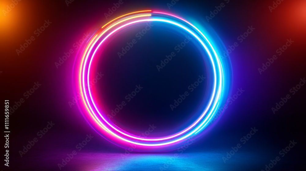 Poster magic neon glow portal for game ui design. realistic vector circle podium with luminous beams and ri
