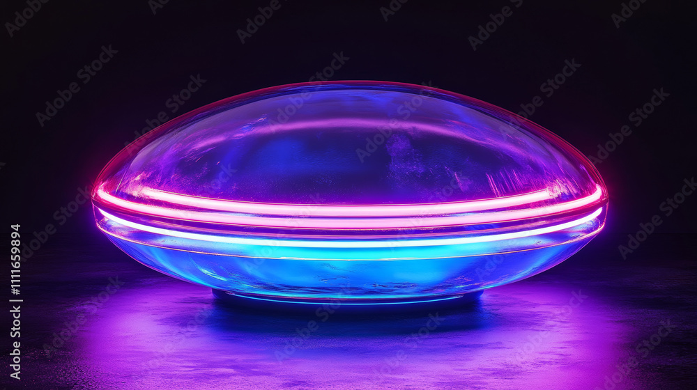 Poster magic neon glow portal for game ui design. realistic vector circle podium with luminous beams and ri