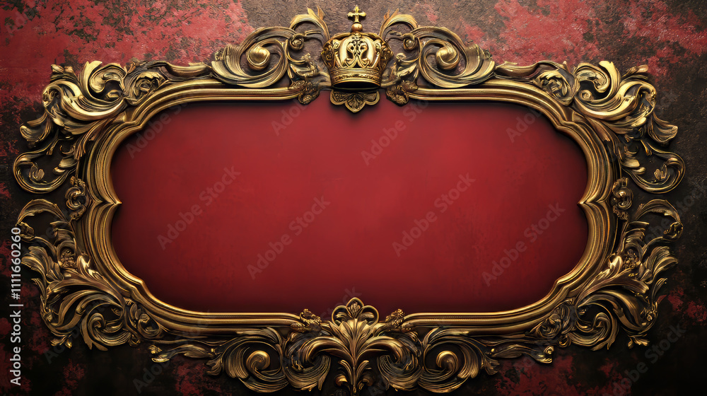 Poster gold medieval ui button frame for fantasy rpg game. metal title border element. red horizontal royal