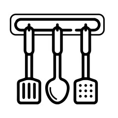 Icons of ladle, ladle, cooking are hanging on the wall hanging.