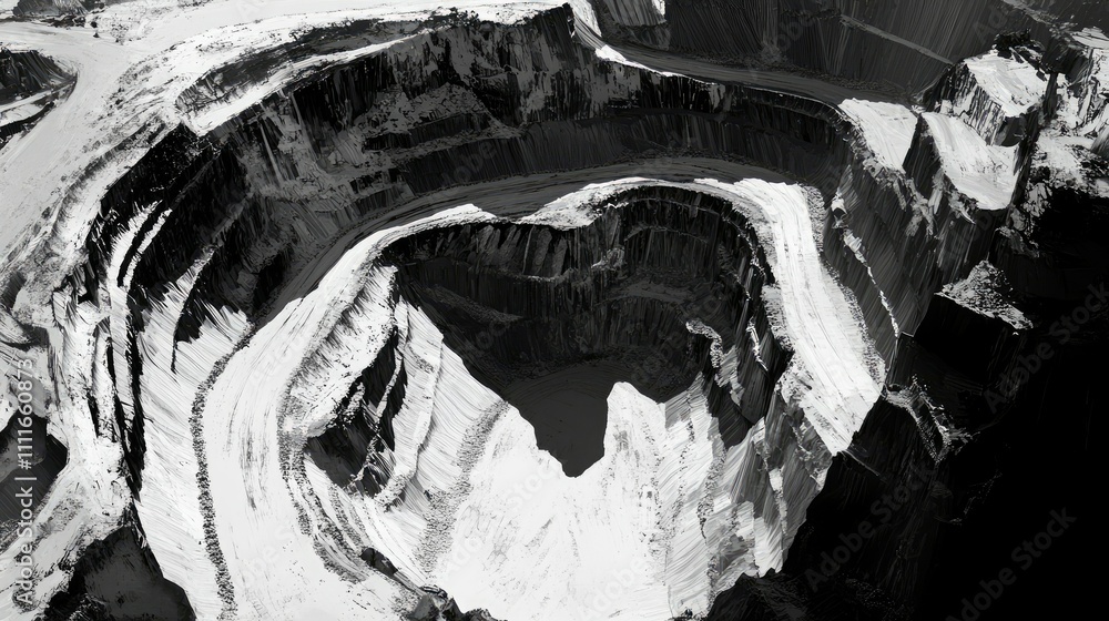 Poster A bird eye view of a large open-pit coal mine, revealing the intricate layers of excavation and the expansive scale of the operation