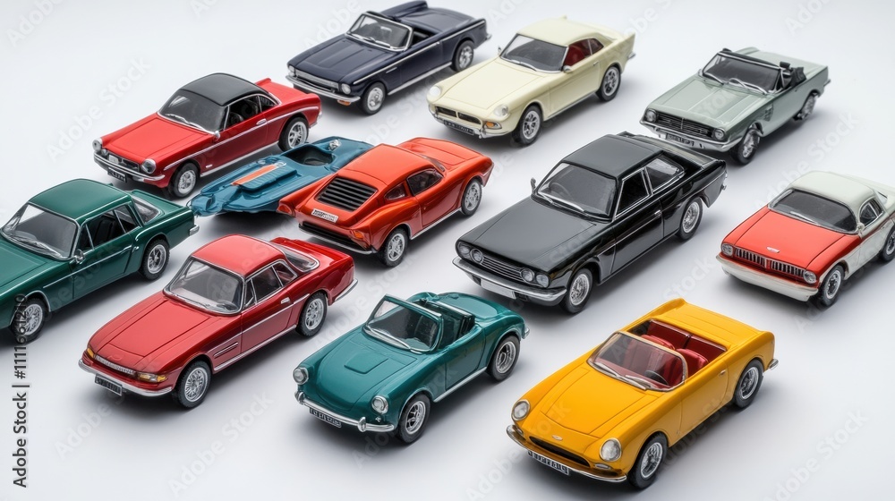 Poster various colorful miniature car models display an artistic arrangement on a bright white background, 