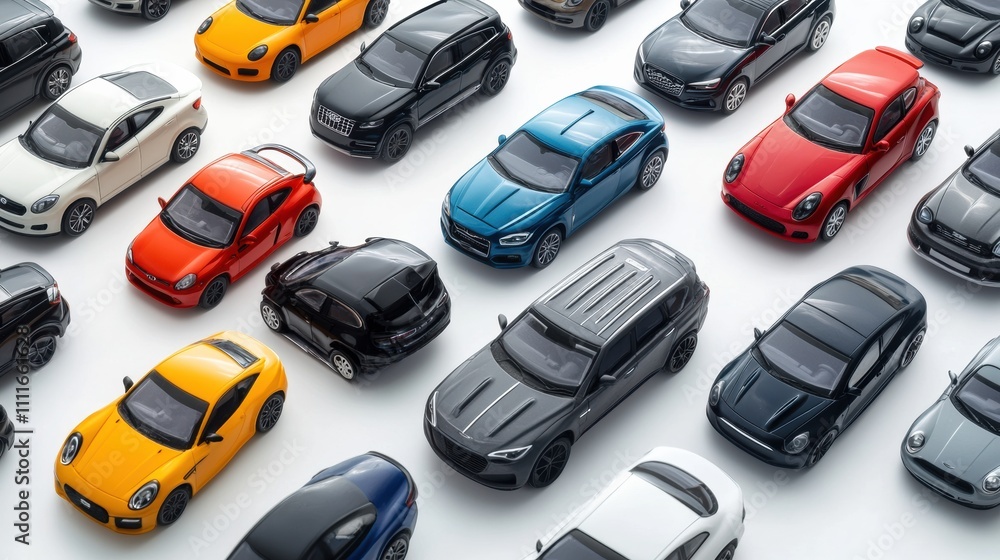 Poster various miniature car models in different colors and styles set on a bright white surface, showcasin