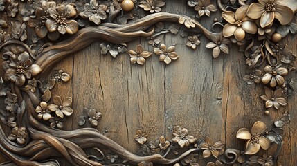 Intricate decorative nature design with flowers and wood textures.