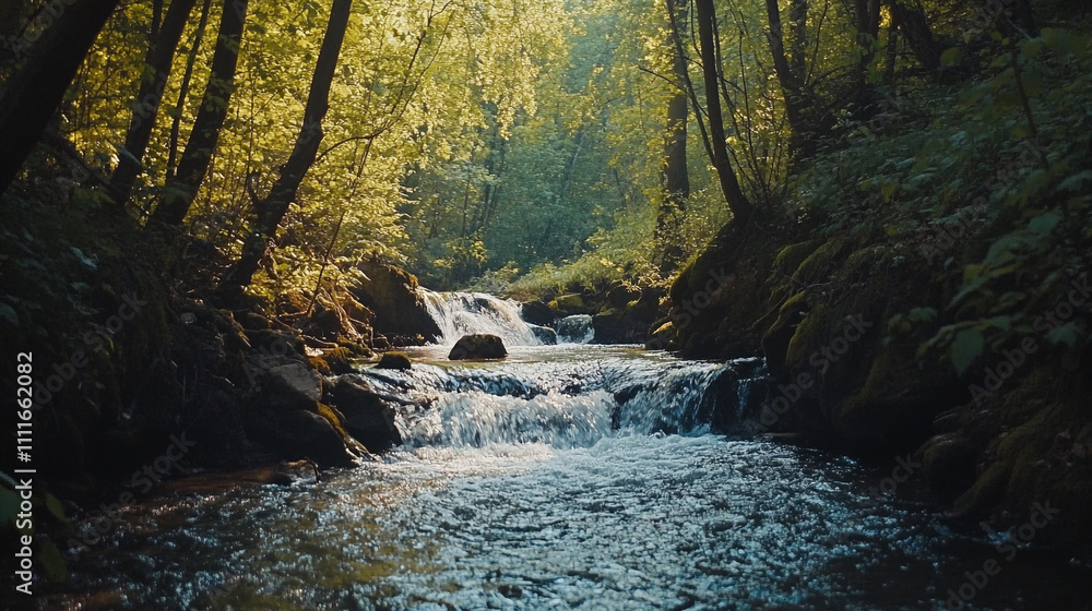Poster sunlight filters through trees over a serene stream flowing in a lush forest