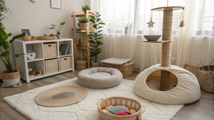 Cozy Indoor Cat Room with Modern Furniture and Natural Decor