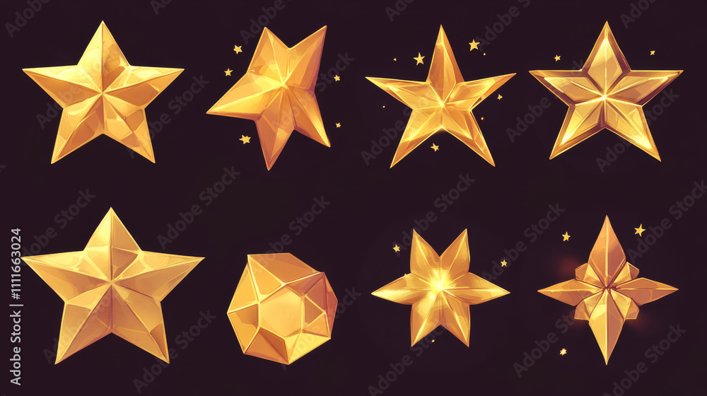 Aufkleber set of stars, game score elements from empty to full rows. ui or gui rate yellow golden glossy asset