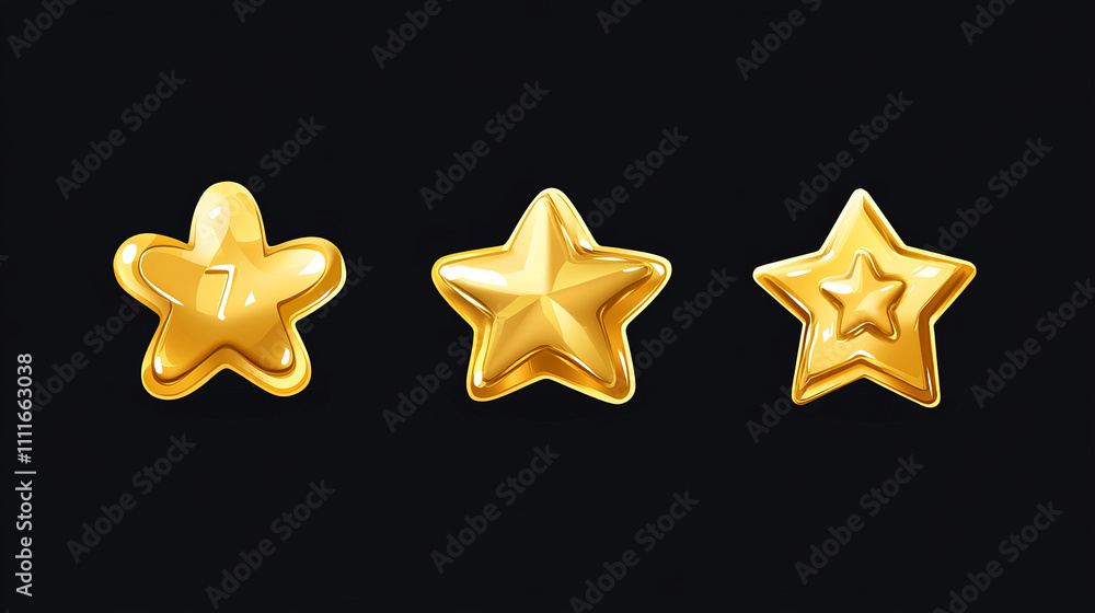 Aufkleber set of stars, game score elements from empty to full rows. ui or gui rate yellow golden glossy asset
