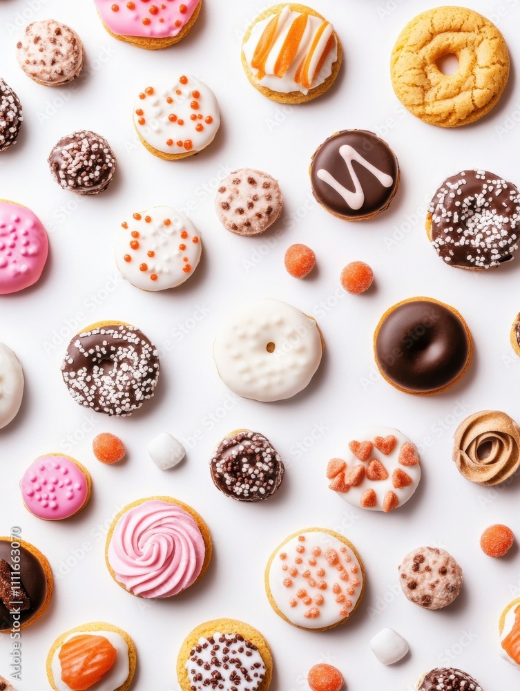 Poster a vibrant collection of cookies and sweets displayed on a clean white background, featuring a variet