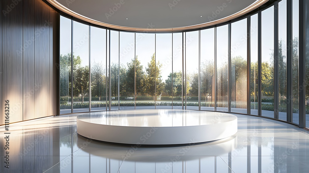 Poster a circular, modern podium surrounded by a large open space with warm natural light pouring in from f