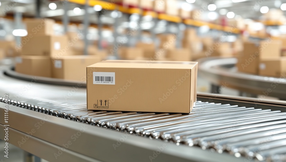Poster automated package sorting: conveyor belt system transports cardboard boxes efficiently in warehouse 