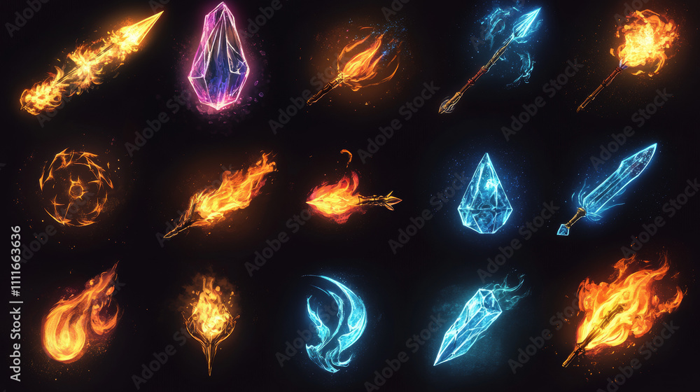 Poster fantasy game icons of magic spells and skills. game interface elements with skill effects, fire, lig
