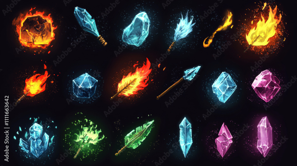 Poster fantasy game icons of magic spells and skills. game interface elements with skill effects, fire, lig