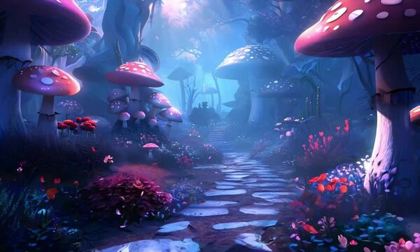 a drone shot of a alice in wonderland background