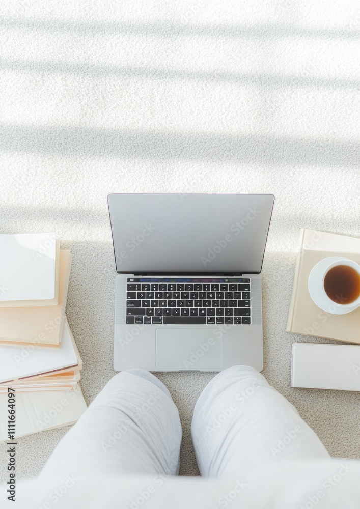 Aufkleber bright and minimalist home study setup featuring laptop and textbooks for e-learning