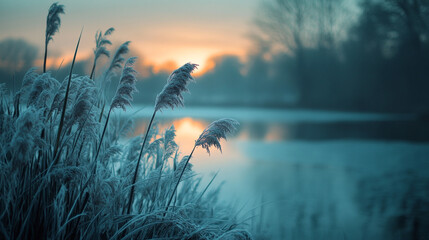 Obraz premium Frosted reeds by the water during dawn with a colorful sunrise
