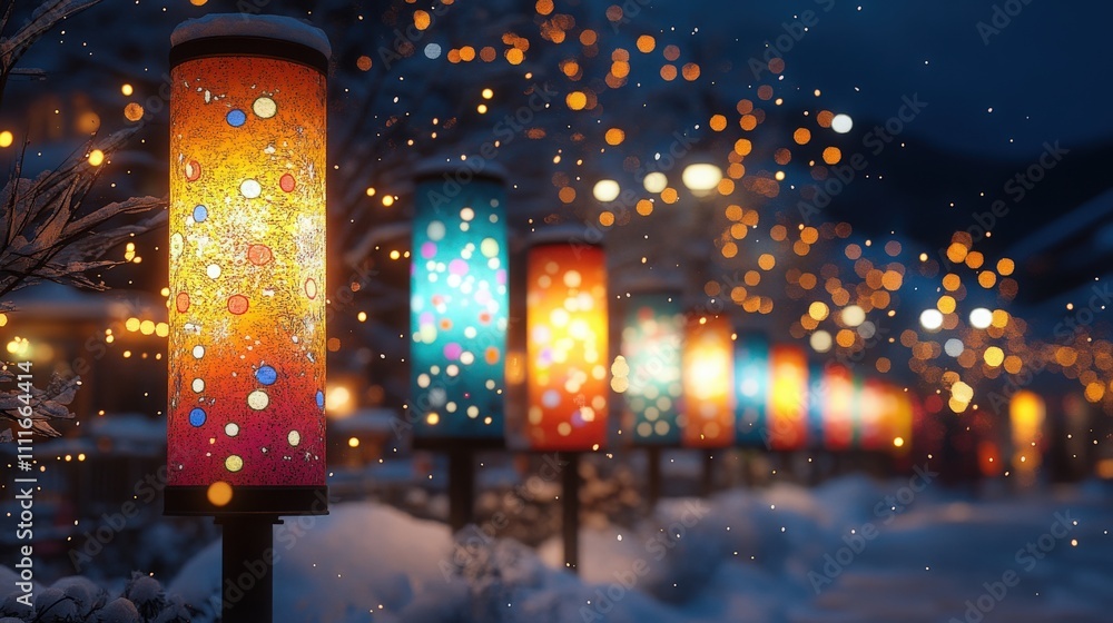 Poster colorful lanterns illuminating a snowy pathway with soft bokeh effect and glowing lights during wint