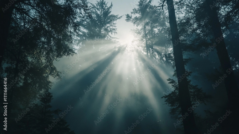 Poster sunlight filters through trees in a misty forest at dawn