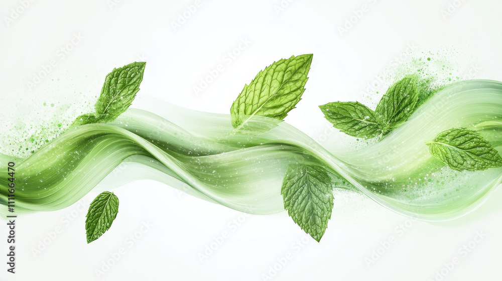 Poster realistic set of abstract green waves with leaves isolated on transparent background. vector illustr