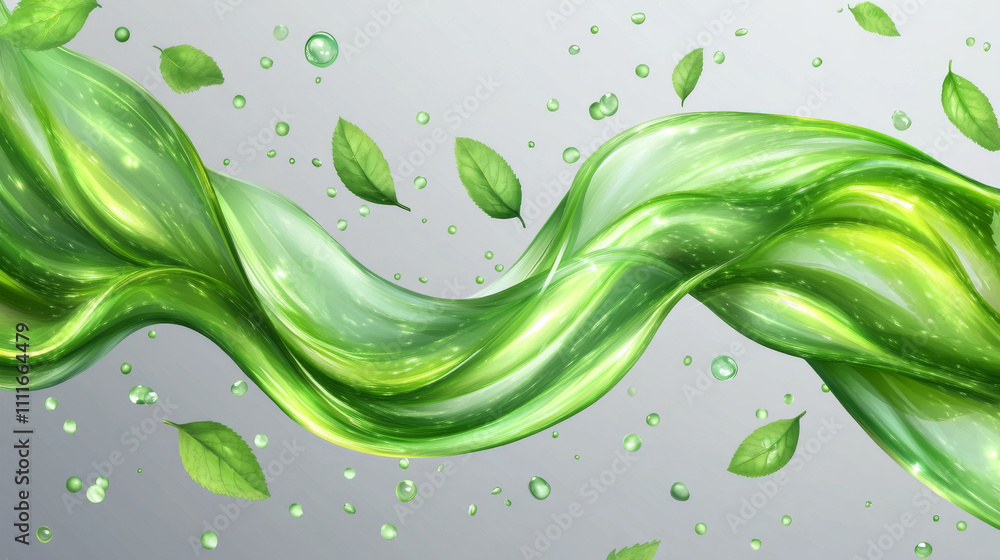 Poster realistic set of abstract green waves with leaves isolated on transparent background. vector illustr