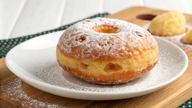 Delicious fritella dessert donut on a plate with powdered sugar