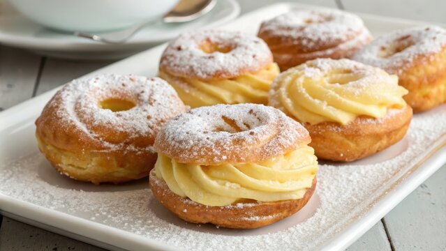 Delicious zeppole pastry filled with cream and dusted with sugar