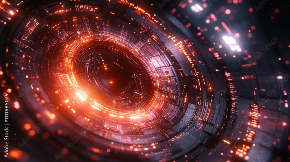 Poster futuristic abstract background with glowing orange circles and sparkling particles in a high-tech en