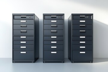 Three black filing cabinets with white handles