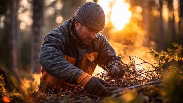 A man gathers sticks in a forest during sunset, preparing for a fire.