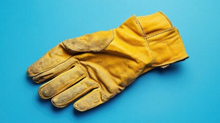 A close-up of worn yellow leather gloves on a blue background, symbolizing hard work and outdoor labor, with hints of dirt and wear