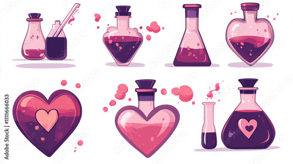 Poster love potion bottle animation sprite sheet isolated on background. vector cartoon illustration set of
