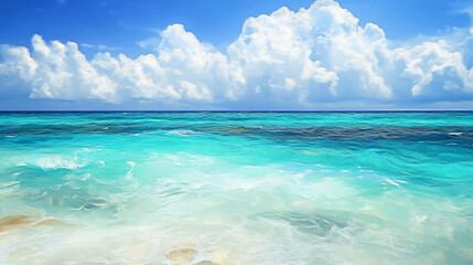 Obraz premium Vibrant ocean waves under a sunny sky with fluffy clouds during midday