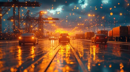 Fototapeta premium A Glowing Evening Scene of Cars Driving on a Rain-Drenched Road Near a Port with Cranes and Containers Under a Dramatic Cloudy Sky and Distant Sunset