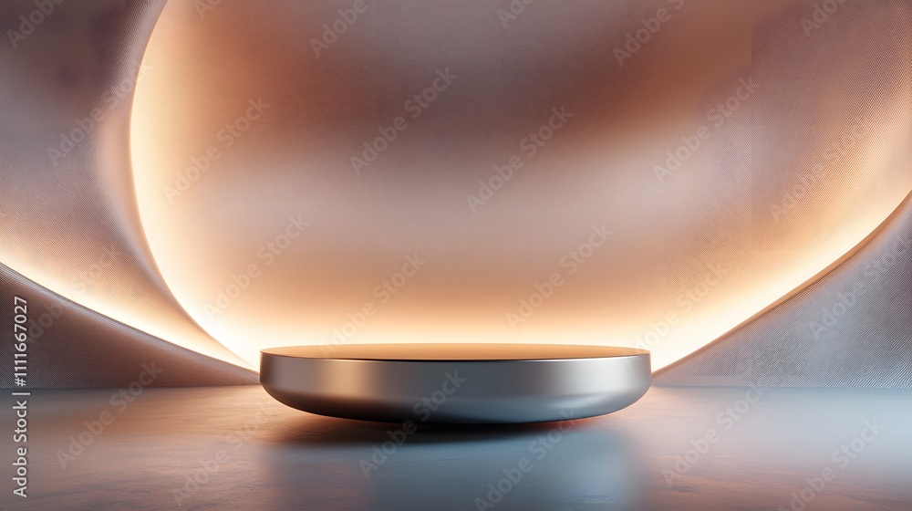 Poster a futuristic metallic podium in the middle of a wide, empty room, with walls that fade into a soft g
