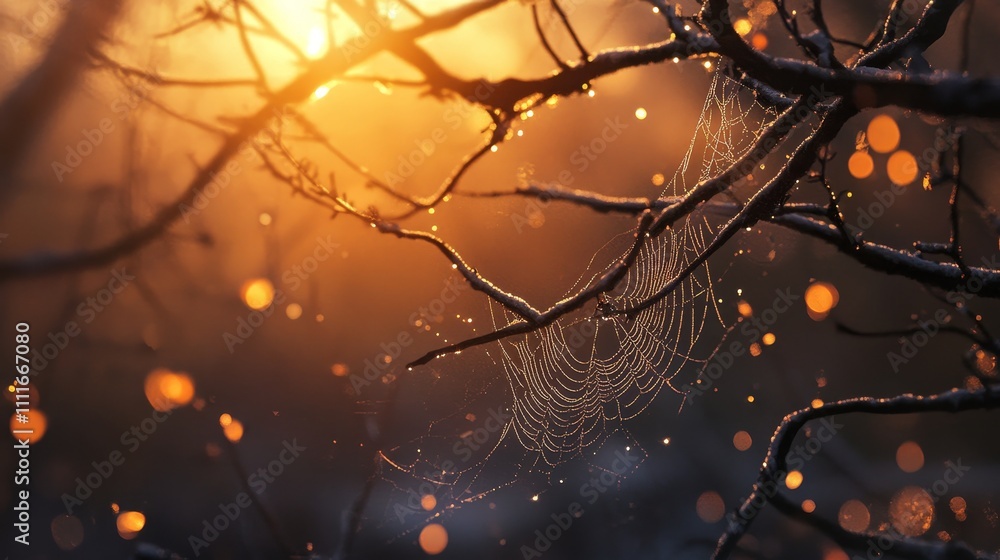 Aufkleber macro capture of a spider on cobweb with dew drops glimmering in sunbeams among tree branches