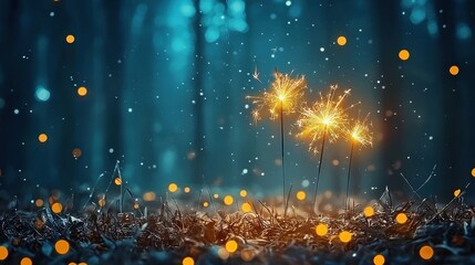 Fototapeta premium Golden sparklers brightly burning in the dark woods during standard celebrations sparkling nighttime visuals natural forest setting for festive atmosphere