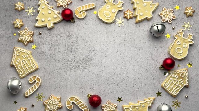 Christmas cookies forming a circle on a grey background