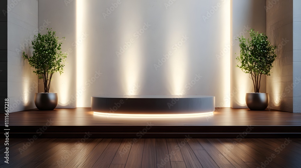 Aufkleber a luxurious podium set in a vast open space with polished wood floors, under soft lighting that high