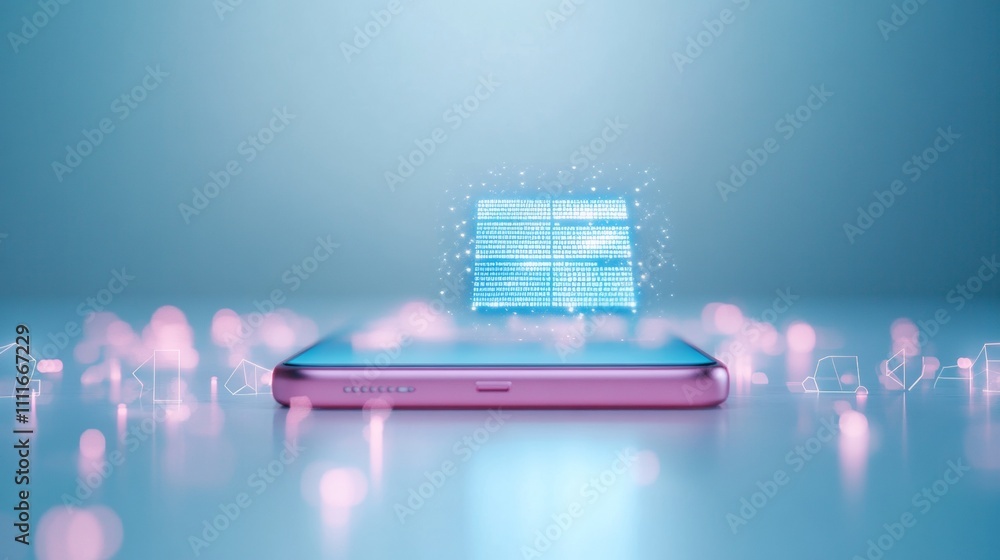 Poster futuristic smartphone with holographic display in dimly lit setting