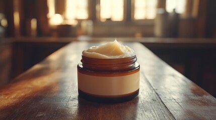 A jar of cream sits on a wooden table, illuminated by soft natural light.