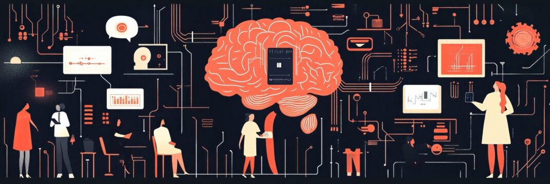 Minimalist illustration of neuralink chip implantation in the human brain with simplified figures