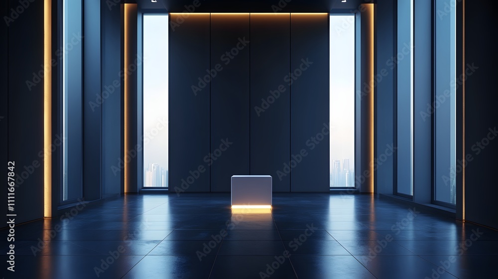 Poster a pedestal with a soft glow in the center of a large, empty space with dark floors and walls, design