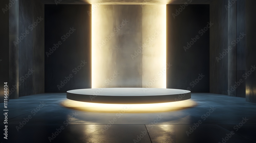 Poster a pedestal with a soft glow in the center of a large, empty space with dark floors and walls, design