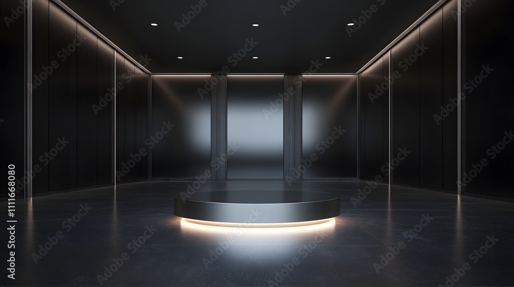Poster a pedestal with a soft glow in the center of a large, empty space with dark floors and walls, design