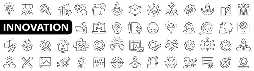 Innovation 52 icon set. Creativity innovation icons. Light bulb, inspiration, creative business, creative idea, team management, solution, brainstorming, invention and more. Innovation symbol. Vector 
