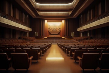 A large auditorium with rows of chairs and a large statue in the middle