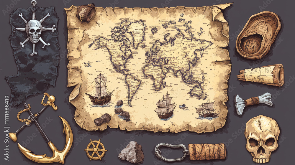 Poster pirate game ui icon element with map and skull. adventure for caribbean treasure in bottle gui illus